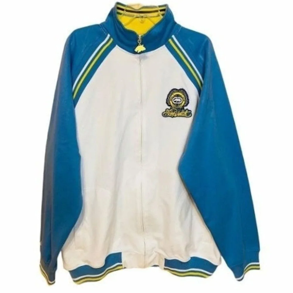Ecko Unltd rhino big logo blue dragons gold tone logo charm varsity jacket XL‎